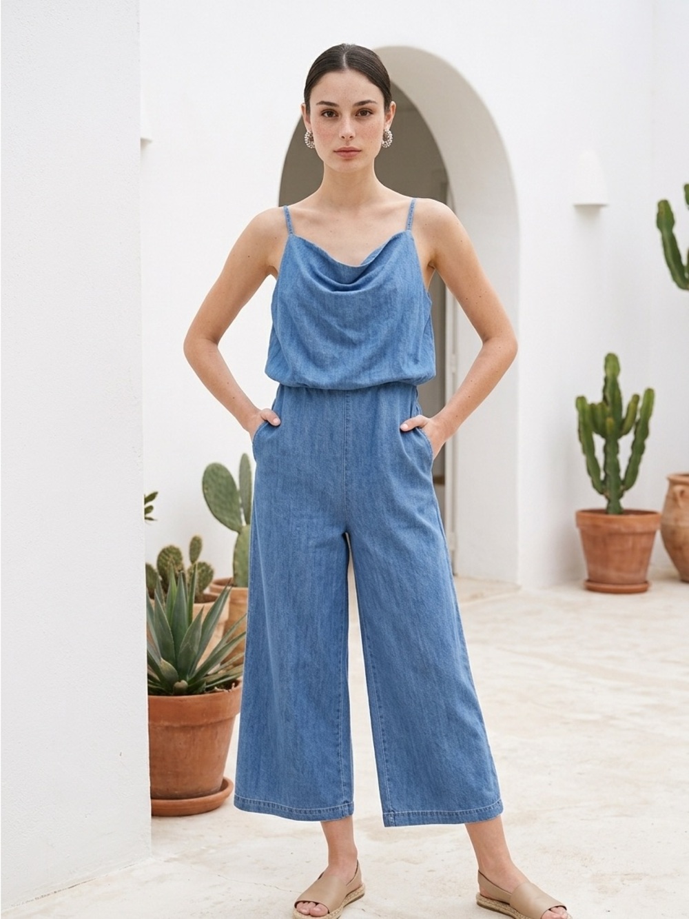 Light Blue Denim Wide-Leg Jumpsuit with Cowl Neck